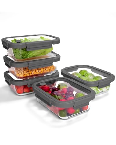 BOROHOUSE 5 Pack Borosilicate Glass Containers with Tempered Lid, 1040 ml/4.4 Cups, Airtight Meal Prep Set, Microwave/Freezer Safe/Ovenproof -20℃~510℃, Grey