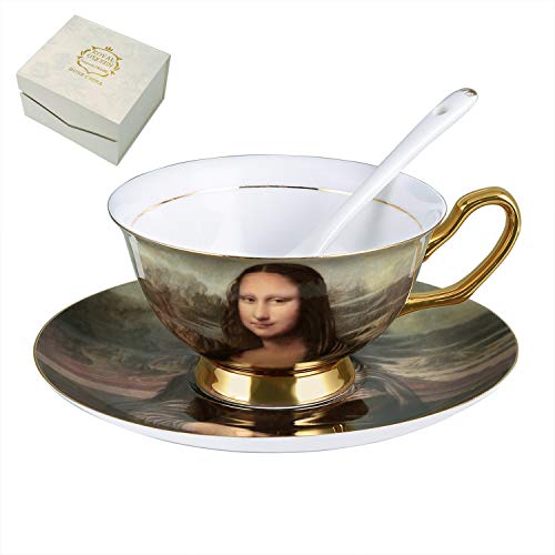 Fine Bone China Coffee Cup and Saucer, Tea Cup Gift Set with Porcelain Spoon 8 oz Mug by Faliilove - Mona Lisa - Famous Paintings