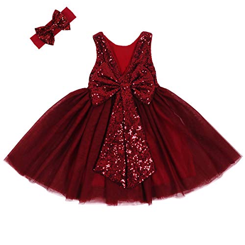 Cilucu Flower Girl Dress Baby Toddlers Sequin Dress Tutu Kids Party Dress Bridesmaid Wedding Gown Birthday Dress Wine Burgundy 6-12months