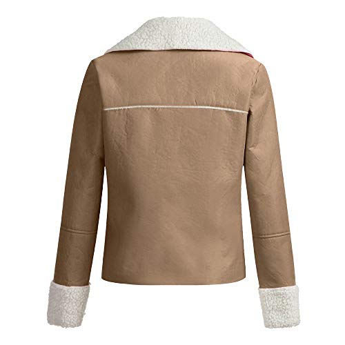 Autumn Winter Womens Pilot Jacket Suede Leather Faux Fleece Motorcycle Coat Tops Long Sleeve Plus Velvet Outerwear (Khaki, L) - Thumbnail 4