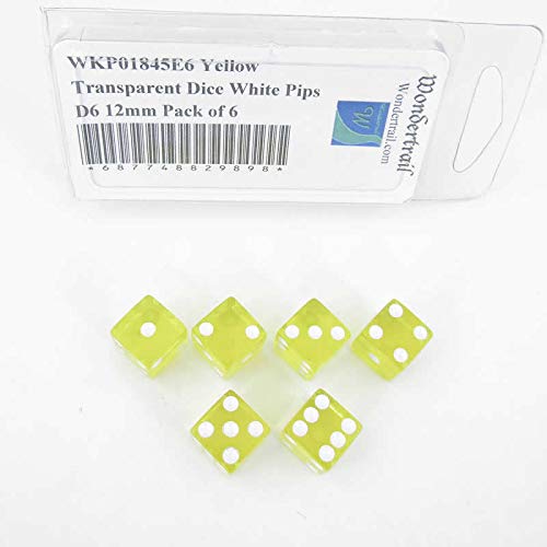 Yellow Transparent Dice with White Pips Square Corners D6 12mm (1/2in) Pack of 6 Wondertrail