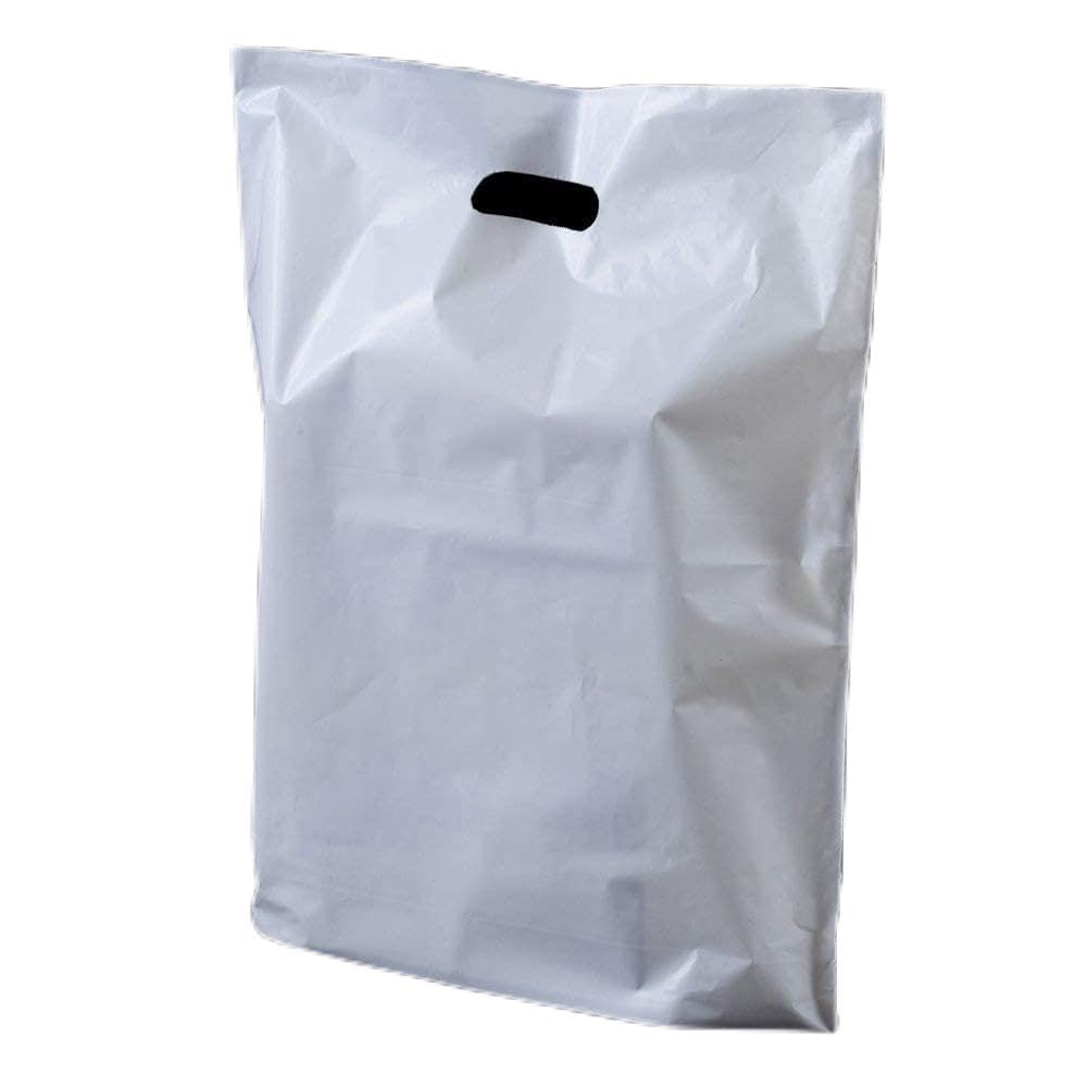 Sabco - 100pcs Premium White Patch Handle Plastic Carrier Bags - 15 x 18 x 3" - Heavy Duty High Tensile for Boutique Clothes Party Gift