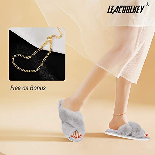 LEACOOLKEY Women Cross Band Slippers, Soft Plush Fleece Slippers,Cushioned Memory Foam Furry Cozy Open Toe House Shoes, Indoor Outdoor Faux Rabbit Fur Comfy Slippers