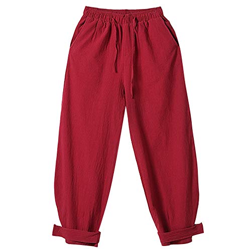 Mens Casual Trousers Cotton Linen Small Feet Loose Casual Lantern Harem Pants Red - Thumbnail 3