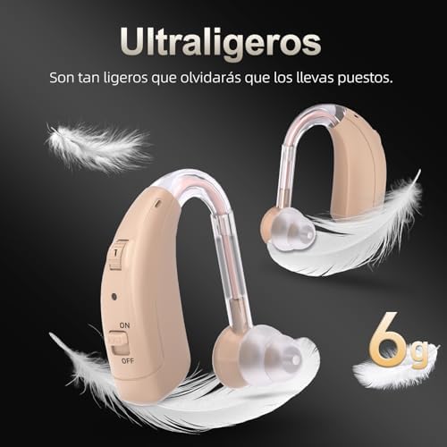 Redução digital de ruído com volume ajustável. Dispositivo de som recarregável para seniores, com design confortável e leve atrás da orelha e porta de carregamento tipo C.
