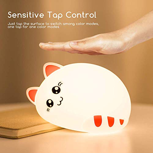 Kids Night Light Kitty Cat Silicone Lamp Soft Touch with Tap Control & Remote Rechargeable RGB Color Changing, Xmas Gift for Boys/Girls Infant Toddler - Thumbnail 2