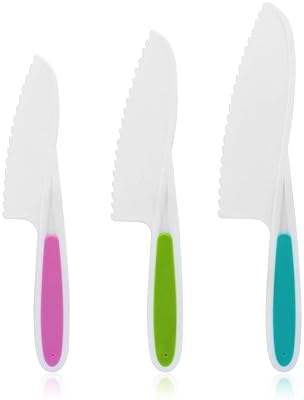Kids' Baking Supplies - KUFUNG Kids Knife Set, 3 Piece Nylon Kitchen Baking Knife Set for Cooking and Cutting Fruits, Bread, Lettuce, Veggies Cake, Plastic Toddler Knife Set for Little Hands, Fun Safe Knife (Multicolor2, S)