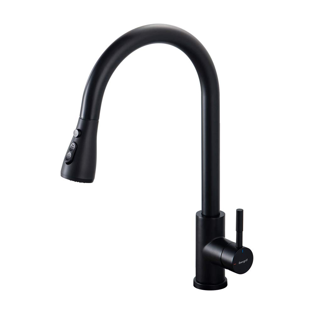 Ibergrif Kitchen Mixer Tap with Pull Out Spray, 360° Swivel, High Arc, 3 Spray Modes, Single Handle, Stainless Steel, Chrome,Black, M22136
