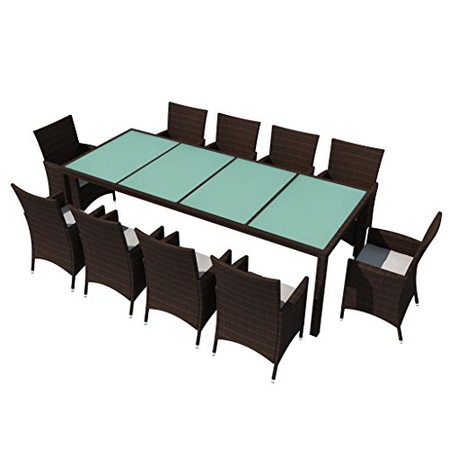 vidaXL Gartenmöbel 11-TLG. mit Auflagen Sitzgruppe Gartenset Sitzgarnitur Gartengarnitur Gartentisch Tisch Esstisch Stühle Poly Rattan Braun