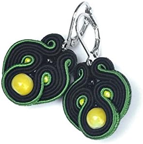 Green yellow and black soutache earrings, tiny earrings, lightweight jewellery, handembroidered earrings