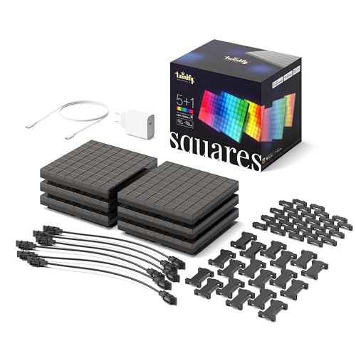 Twinkly Squares Starter Kit, Kit de Panneaux LED RGB, Inclus 1 Panneau Principal et 5 Panneaux d'Extension, Compatible HomeKit, Alexa et Google Home, Lumières Gaming et Streaming, 16M+ de Couleurs