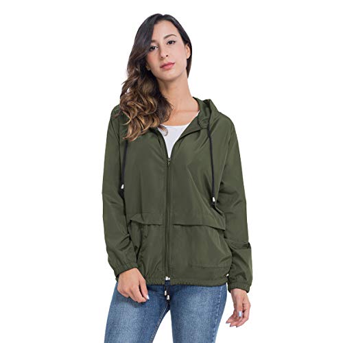 JTANIB Waterproof Windbreaker for Women, Active Outdoor Hooded Lightweight Packable Rian Coats L Arm Green - Thumbnail 4