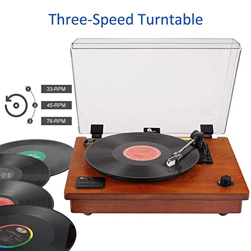 1byone Belt Driven Turntable with Built in Stereo Speaker, Wireless Connection Vintage Style Record Player, Vinyl to MP3 Recording, Natural Wood