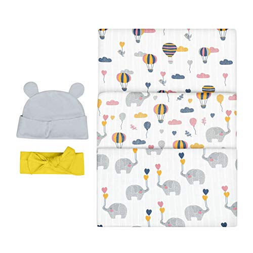Bubzi Co Elephant Swaddle Muslin Receiving Blankets Set Pack of 3 -Gender Neutral Design -Soft 100% Cotton Fabric - 47 x 47 inch- 120 x 120cm - Infant Swaddling Blankets for Baby Registry Burp Diaper