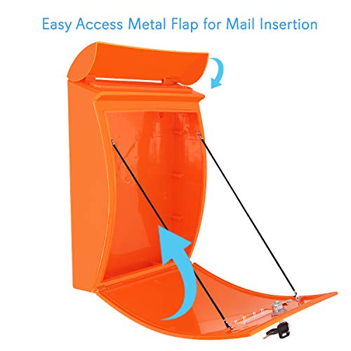 Modern Wall Mount Locking Mailbox - Indoor Outdoor Universal Vertical Mounted Mail box - ABS Plastic Large Capacity Home / Office Business Drop Slot with Secure Lock Keys - Serenelife SLMAB35 (Orange)