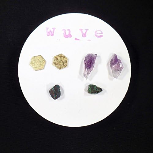 Amethyst, Peacock Ore and Brass Textured Hexagons - Raw Gemstone and Brass Stud Earring Trio - Rough Gems - Post Earrings - Natural Jewelry
