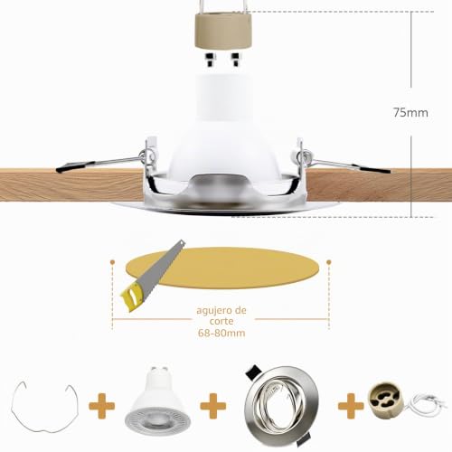 LteelDay Round Recessed Spotlight Frame, Brushed Metallic GU10 with 30° Rotation, Diameter 68-80 mm, Includes GU10 Socket for LED or Halogen Lamps, Pack of 20