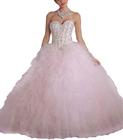 HZCQ Women's Ruffled Tulle Party Gown Sweet 16 Quinceanera Dress 6 Pink