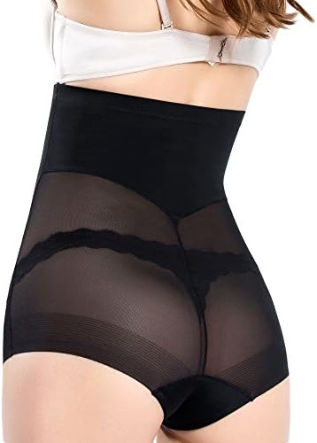 Women's Shapewear Briefs Super Comfy Hi-wasit Tummy Control Bottom Mesh Sheer Shaping Panties (Black) L