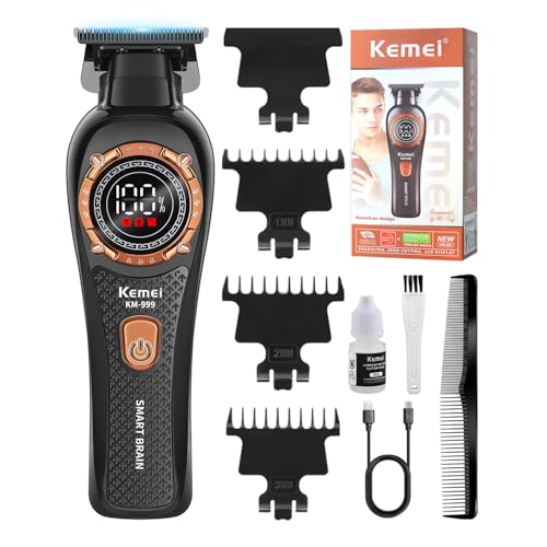 KEMEI 999 Professional Hair Clippers for Men, Cordless Electric Beard Trimmer for Men, New DLC Zero Gapped T-Blade Hair Trimmer with LED Display and 3 Guide Combs (Black)
