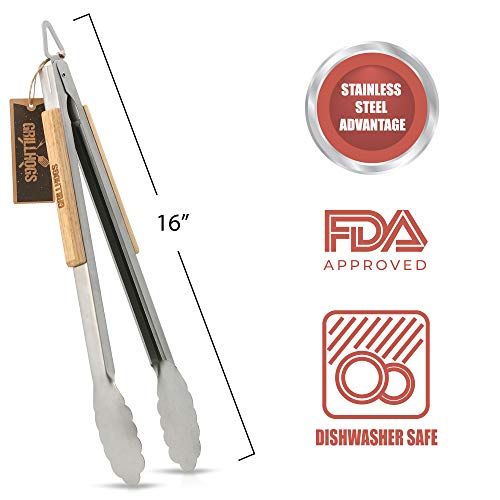 GRILLHOGS Barbecue Grill Tongs, 16 Inch, Best Metal Kitchen Tongs for Cooking and Grill Accessories, Stainless Steel + Oak Wood BBQ Tongs
