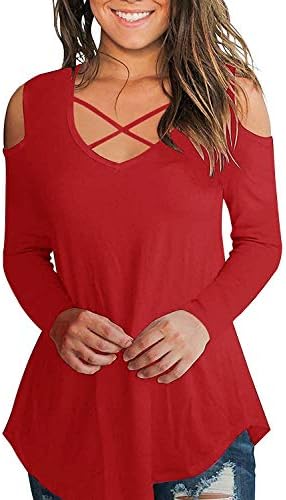 Aolakeke Cold Shoulder Short/Long Sleeve T Shirts V Neck Tops Casual Criss Cross Tunic Blouse