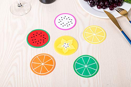 6 Pack Colorful Fruit Slices Silicone Beverage Coasters Drinks Coffee Tea Tabletop Protection Wood Granite Glass Marble Table Lemon Lime Orange Watermelon Dragonfruit Star Fruit 3.5 Inch
