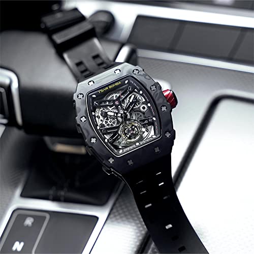TSAR BOMBA Watch for Men, 50M Waterproof Automatic Mens Watch, Skeleton Mechanical Tonneau Big Face Dial Black Watch with Silicone Watch Bands, Gifts for Men