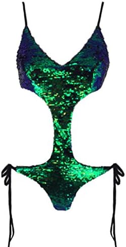 Dovee Women’s Push up Halter V Neck Sequins One Piece Swimsuit Bathing Suits Bikini Set (L, Blue)