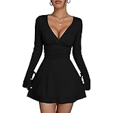 XXTAXN Women's Sexy Wrap V Neck Long Sleeve Flowy Hem A Line Ruched Waist Corest Mini Dress