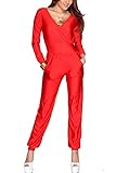 Maykool Women's Red Long Sleeve Cross V Neck Jumpsuit Size L