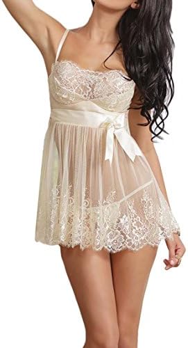 BOBOVIIA Womens Lingerie Lace Sleepwear set Sexy White Babydoll Dress Braces Skirt(Size:L)