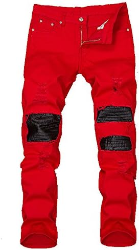 Men's Biker Ripped Holes Paste Leather Fold Straight Classic Regular-Fit Denim Red Jeans Pants Classic Regular-Fit Jean (36, Red)