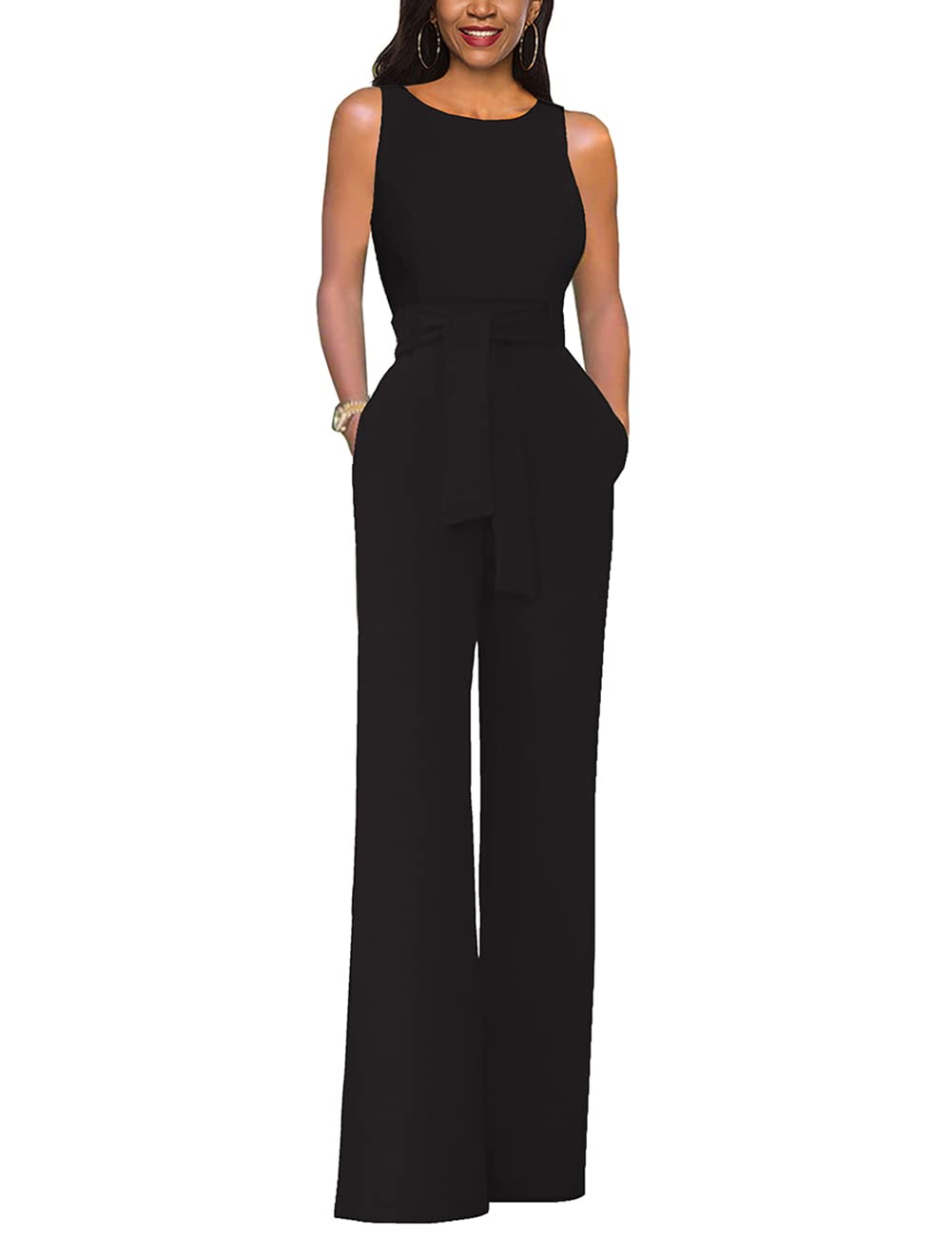 Photo 1 of LILYIN Women’s Sleeveless Belted High Waist Wide Leg Jumpsuit with Pockets (L, Black)