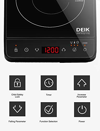 Portable Induction Cooktop, Deik 1800W Sensor Touch Induction Cooker with Child Safety Lock, Countertop Burner with Timer, 15 Power Levels and 10 Temperature Settings, Crystal Plate Surface, Black