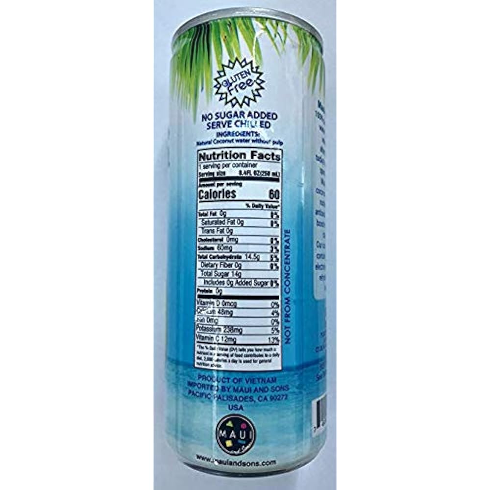 Maui And Sons 100 Coconut Water(No Pulp), Gluten Free, 8.4OZ(Pack Of