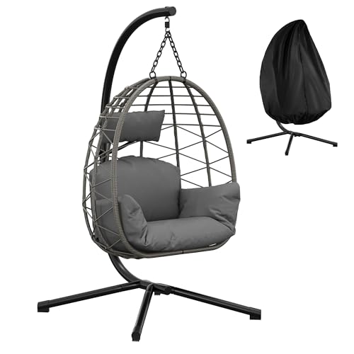 Hängesessel mit Gestell Outdoor bis 150 kg belastbar, Rattan Hängesessel mit Metallgestell, ideal als Hängesitz Indoor mit Gestell für Garten, Terrasse & Balkon