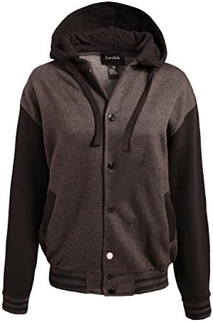 Lurelulu Women's Letterman Varsity Baseball Jacket with Removable Hood CHARCOAL/BLACK LARGE