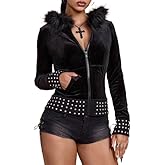 GOTHPICKUS Y2K Rivet Faux Fur Hoodies For Women Zip Up Punk Gothic Stripe Slim Fit Trendy Tops Long Sleeves Casual Jacket