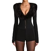 BIUPOS Women's Sexy Black Jumpsuit Faux Fur Deep V Neck Long Sleeve One Piece Club Outfits Date Night Rompers Fall Clothes
