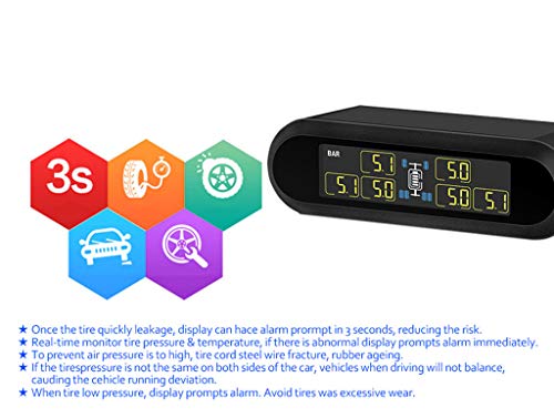 Wireless TPMS Tire Pressure Monitoring System Solar Power with 6 External Sensors Real-time Display Temperature and Pressure LCD Display, Real-time Alarm Function (Black) - Thumbnail 4