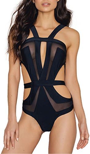 RICHKOKO Women Wide Deep V Neck Backless Patch Work Mesh Cut Out Sheer Swimsuit(L,Black)