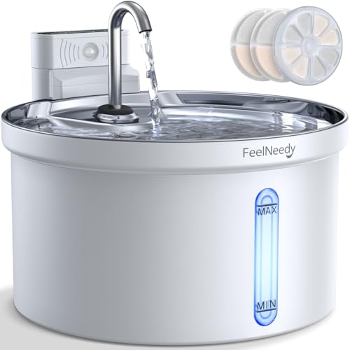 FEELNEEDY 3.5 L Cat Fountain Stainless Steel Wireless with Sensor, Drinking Fountain for Cats with Battery 4000 mAh Cats Battery Operated Water Fountain Super Quiet with 3 Filters (Acrylonitrile Butadiene Styrene (ABS))