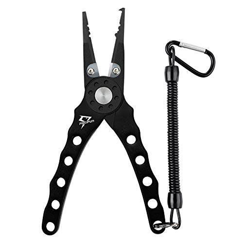 Piscifun Aluminum Saltwater Pliers Split Ring Pliers Hook Remover Braid Cutters Fish Holder with Sheath and Lanyard (Black 7.87" Pliers)
