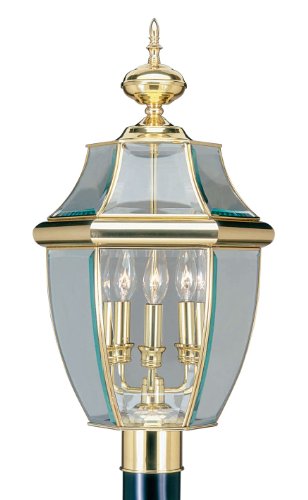 Livex Lighting 2354-02 Monterey 3 Light Outdoor Polished Brass Finish Solid Brass Post Head with Clear Beveled Glass