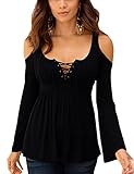 Women Long Sleeve Tops Casual Cold Shoulder Lace Up Neck Blouse T-Shirt