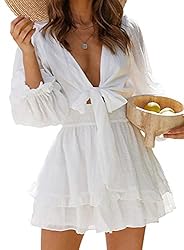 AlvaQ Womens Sexy Deep V Neck Tie Front Long Sleeve