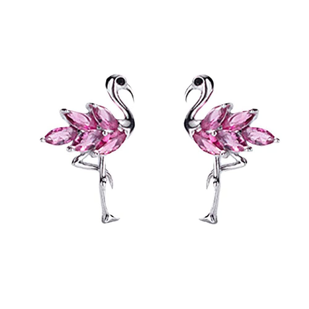 Dainty Flamingo Love Heart Bird Stud Earrings for Women Girls S925 Sterling Silver Cubic Zirconia Small Studs Valentine for Lover for Girlfriend