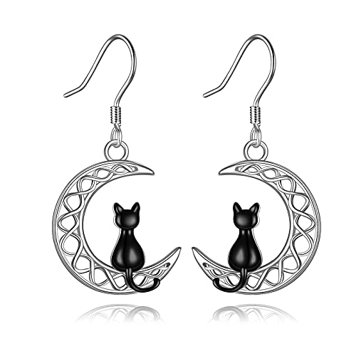 YFN Cat Earrings for Girls Sterling Silver Cat on the Celtic Moon Dangle Earrings Gifts for Women Mother Daughter (moon)