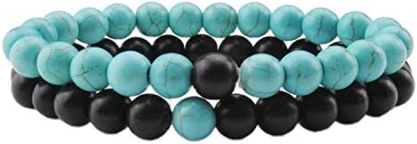 Liuanan 2pcs/set Black Agate/Turquoise Gem His/Hers Couples bracelets Girlfriend boyfriend Stretch Bracelets (Turquoise)